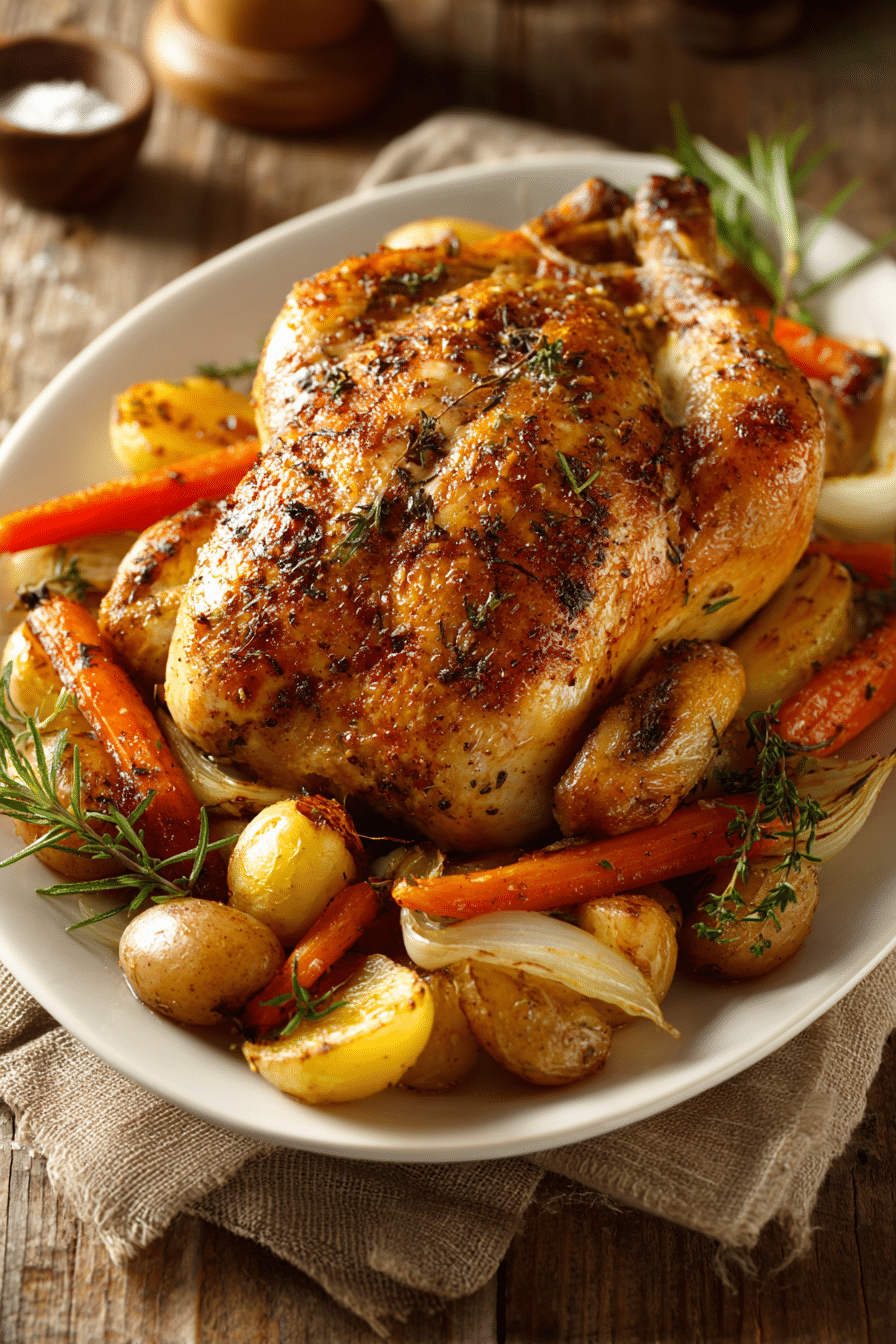 Close-up of a whole roasted chicken with crispy golden skin on a white oval platter, surrounded by roasted carrots, baby potatoes, yellow onions, and fresh rosemary and thyme sprigs on a rustic wooden surface.
