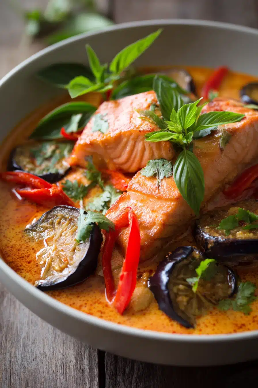 Close-up of creamy salmon coconut curry in a white bowl with tender salmon pieces, red bell peppers, baby eggplants, and fresh Thai basil and cilantro leaves on a rustic surface.
