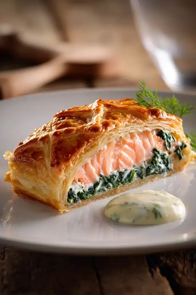 Close-up of a rectangular slice of Salmon Wellington with golden brown puff pastry and visible layers of pink salmon and green spinach on a white round plate with a dollop of dill and lemon butter sauce