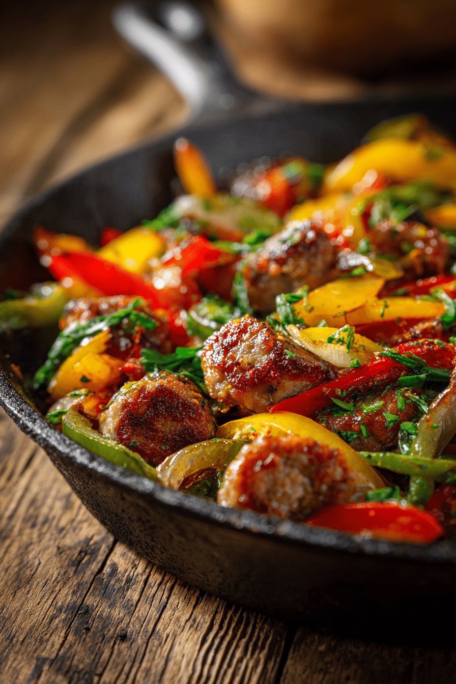 Close-up of a rustic skillet with cooked sausage, colorful bell peppers, onions, and fresh herbs on a wooden surface with warm lighting