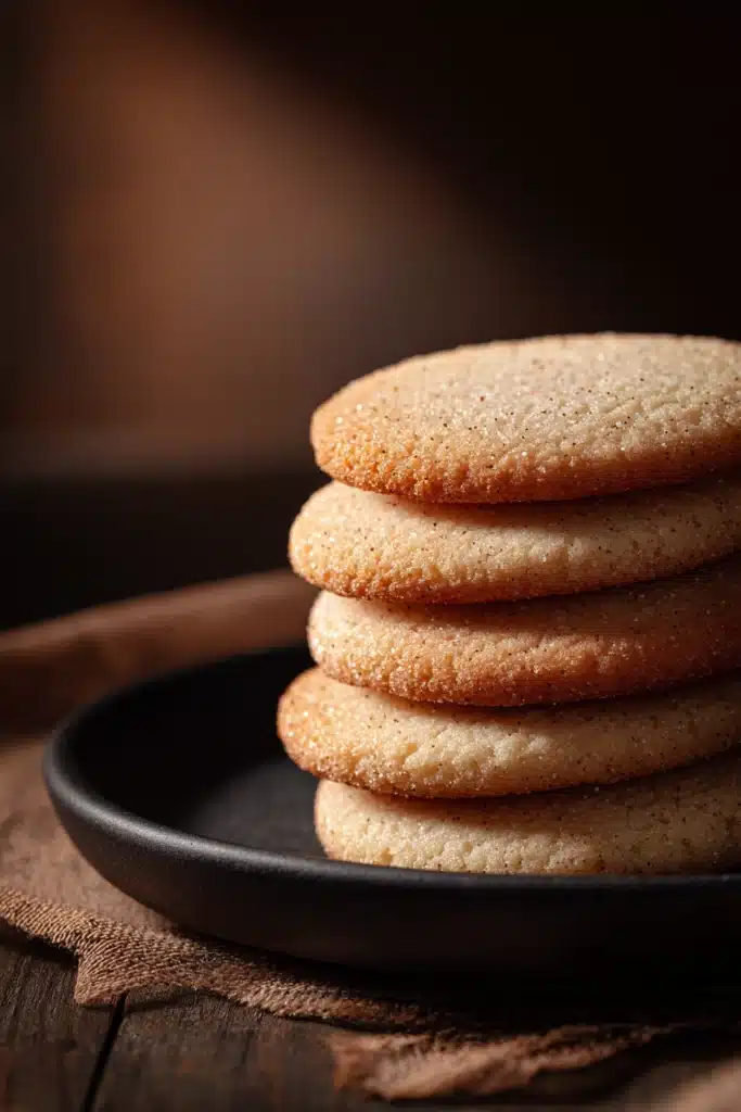 Stacked Shadow Milk Cookies with dark cocoa and milk infusion, soft chewy texture with slightly crisp edges on a matte black ceramic plate in warm natural light