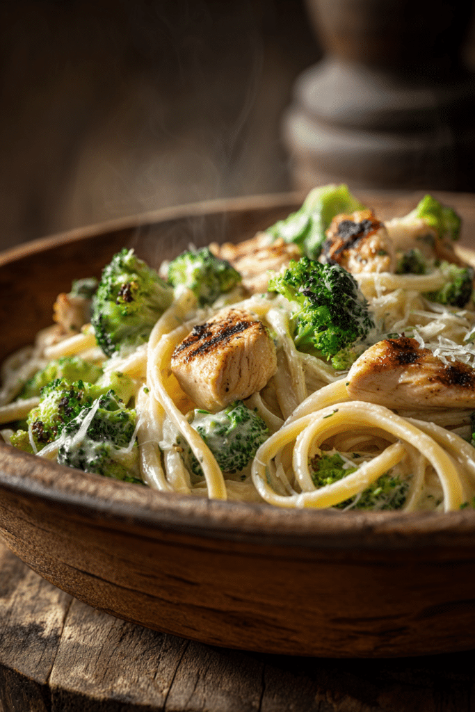 Close-up of creamy Skinny Chicken Broccoli Alfredo with grilled chicken and broccoli in a rustic bowl on a wooden table with warm natural light