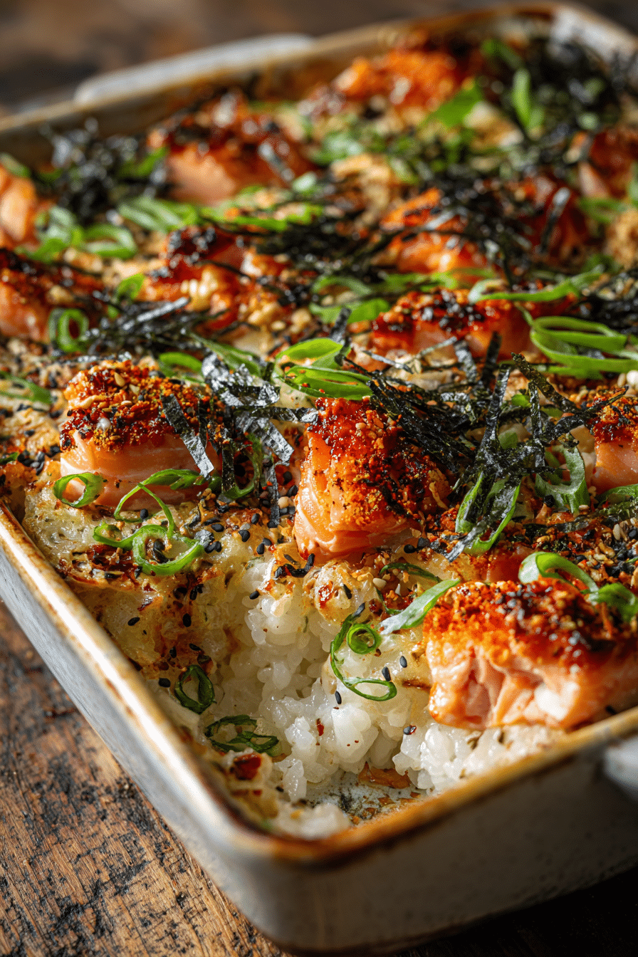 Close-up of spicy salmon sushi bake in a rectangular baking dish showing layers of cooked sushi rice, salmon mixed with spicy mayo, garnished with green onions and furikake seasoning on rustic surface