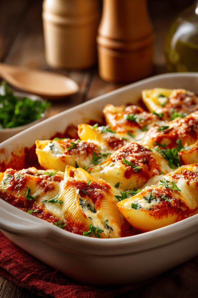 Close-up of rustic baked stuffed pasta shells filled with creamy ricotta cheese, covered in melted mozzarella and Parmesan, topped with red marinara sauce and sprinkled with fresh green parsley in a rectangular baking dish