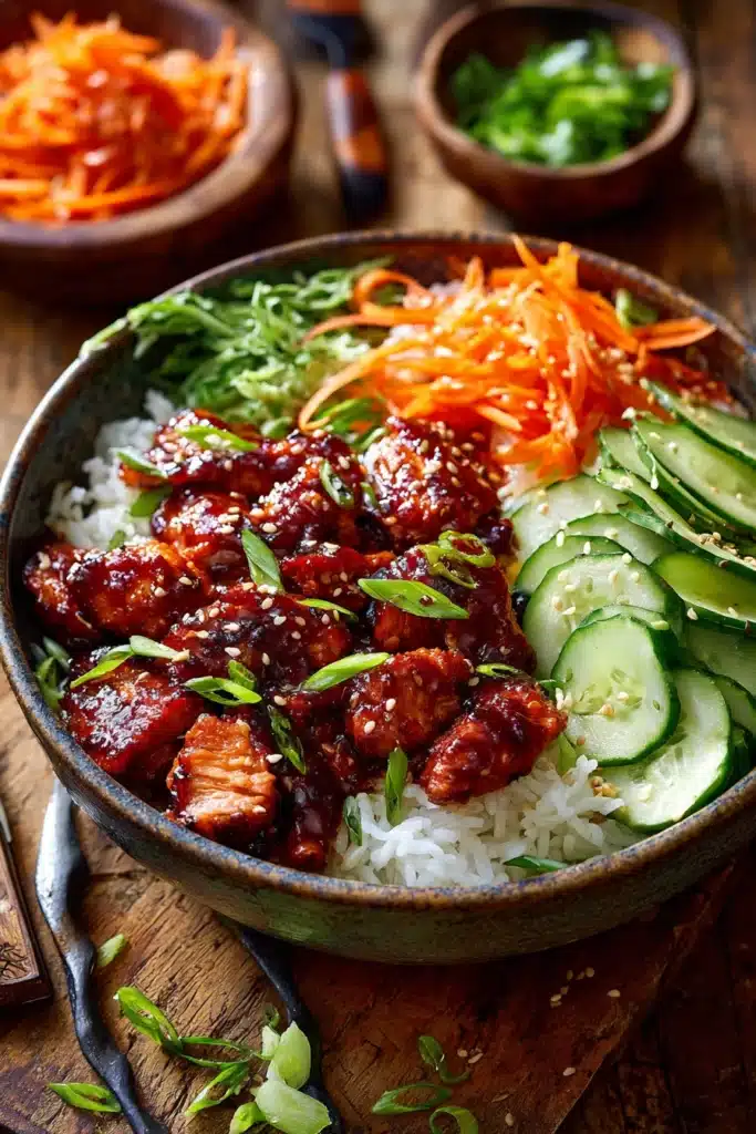 Close-up of a layered chicken bowl with tender chicken thighs coated in glossy red gochujang sauce, served over white rice, with julienned carrots, sliced cucumbers, green onions, and sesame seeds on a rustic wooden surface.