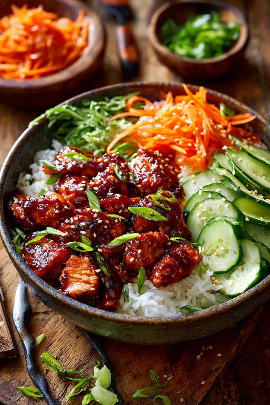 Close-up of a layered chicken bowl with tender chicken thighs coated in glossy red gochujang sauce, served over white rice, with julienned carrots, sliced cucumbers, green onions, and sesame seeds on a rustic wooden surface.