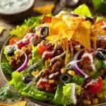 Close-up of a colorful taco salad lunch with ground beef, romaine lettuce, cherry tomatoes, black beans, corn, cheddar cheese, black olives, red onion, tortilla chips, sour cream, and salsa in a shallow bowl on rustic surface