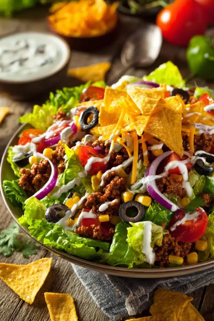 Close-up of a colorful taco salad lunch with ground beef, romaine lettuce, cherry tomatoes, black beans, corn, cheddar cheese, black olives, red onion, tortilla chips, sour cream, and salsa in a shallow bowl on rustic surface