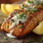Close-up of a grilled salmon fillet with crispy golden brown skin, topped with lemon pepper butter sauce, fresh parsley, and a lemon wedge on a rustic wooden surface.