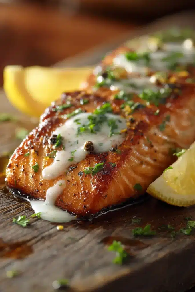 Close-up of a grilled salmon fillet with crispy golden brown skin, topped with lemon pepper butter sauce, fresh parsley, and a lemon wedge on a rustic wooden surface.