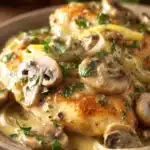 Close-up of pan-seared and oven-baked boneless chicken breast covered in creamy brown mushroom and onion gravy, garnished with chopped parsley, served on rustic wooden surface.