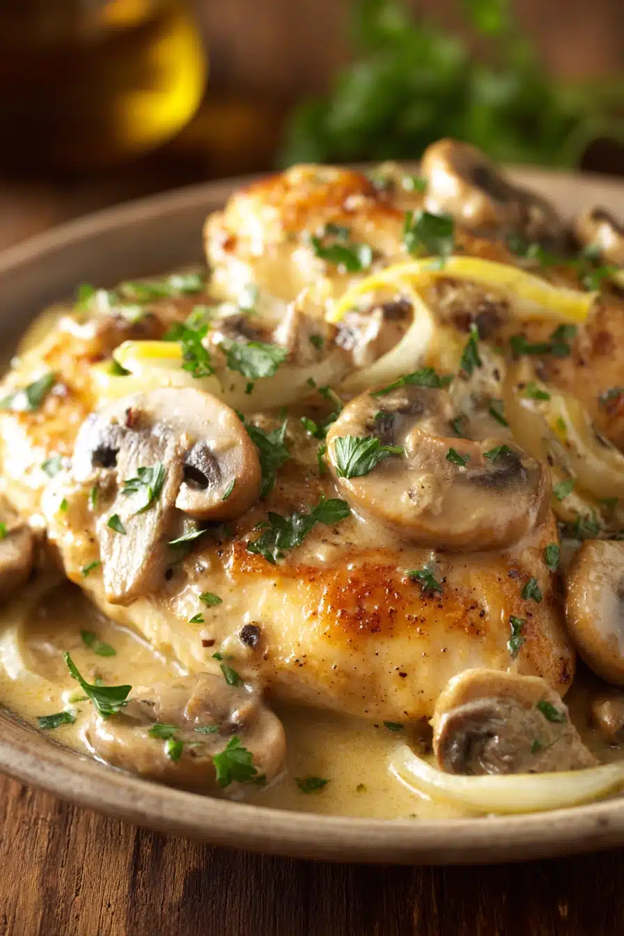 Close-up of pan-seared and oven-baked boneless chicken breast covered in creamy brown mushroom and onion gravy, garnished with chopped parsley, served on rustic wooden surface.