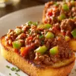 Close-up of open-faced Texas toast sloppy joes with saucy ground beef, green bell peppers, and golden toasted bread on a white ceramic plate in rustic warm lighting