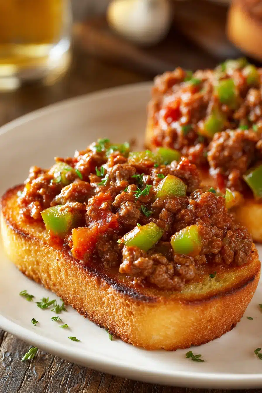 Close-up of open-faced Texas toast sloppy joes with saucy ground beef, green bell peppers, and golden toasted bread on a white ceramic plate in rustic warm lighting