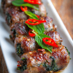 Close-up of crispy golden brown Thai basil beef rolls stacked on a white rectangular plate, garnished with fresh green Thai basil leaves and sliced red chili, showcasing a flavorful and vibrant dish.