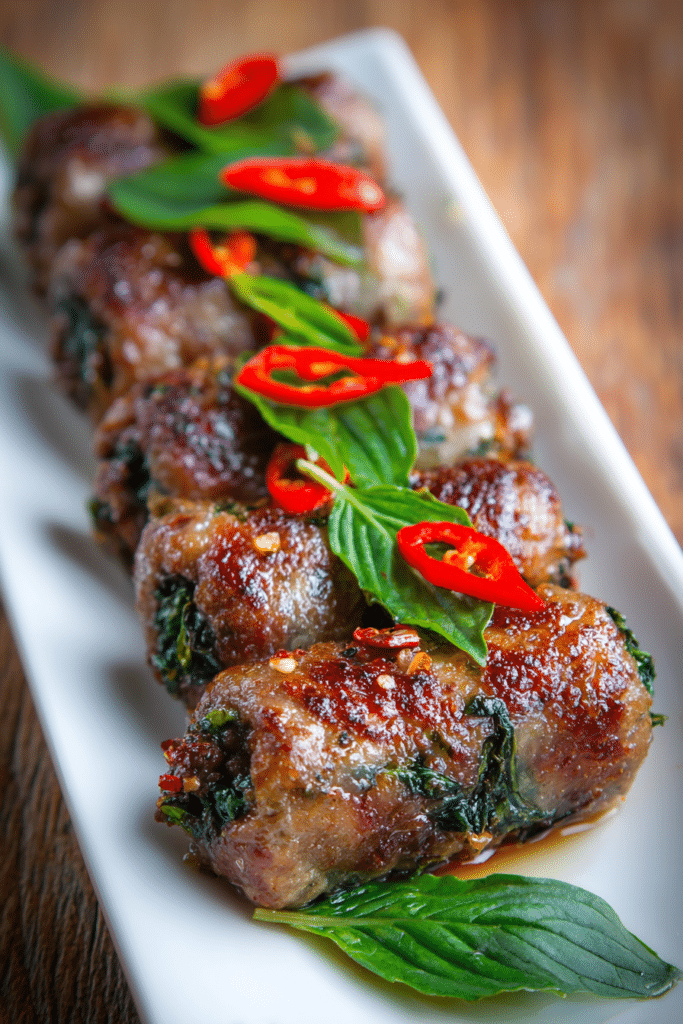 Close-up of crispy golden brown Thai basil beef rolls stacked on a white rectangular plate, garnished with fresh green Thai basil leaves and sliced red chili, showcasing a flavorful and vibrant dish.