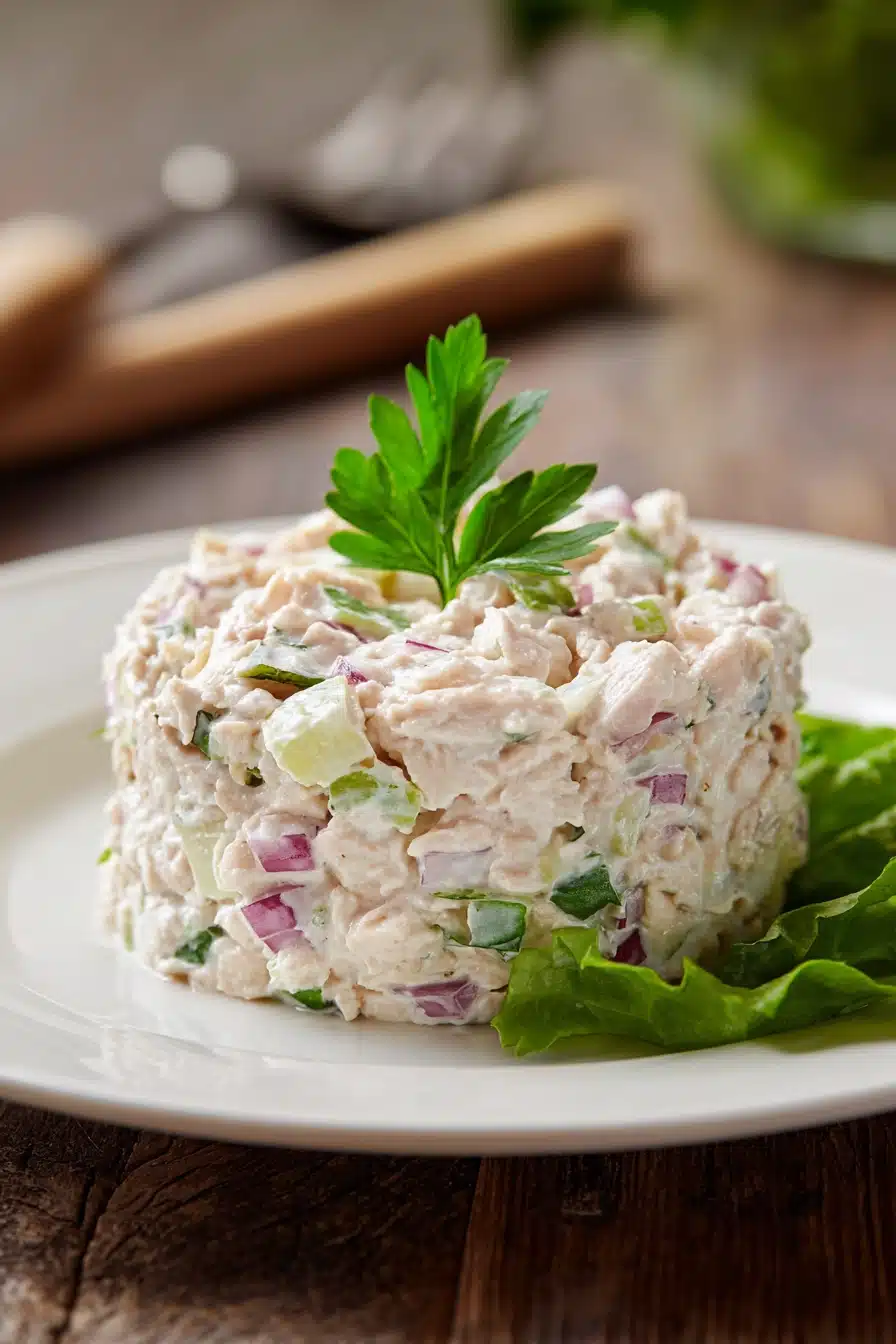 Close-up of classic tuna salad with creamy texture, finely chopped celery and red onion, garnished with a bright green parsley sprig, served on a white plate with warm natural lighting.