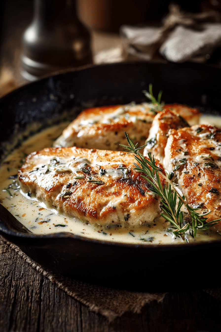 Close-up of golden turkey cutlets covered in creamy white wine sauce on rustic wooden surface with soft warm lighting