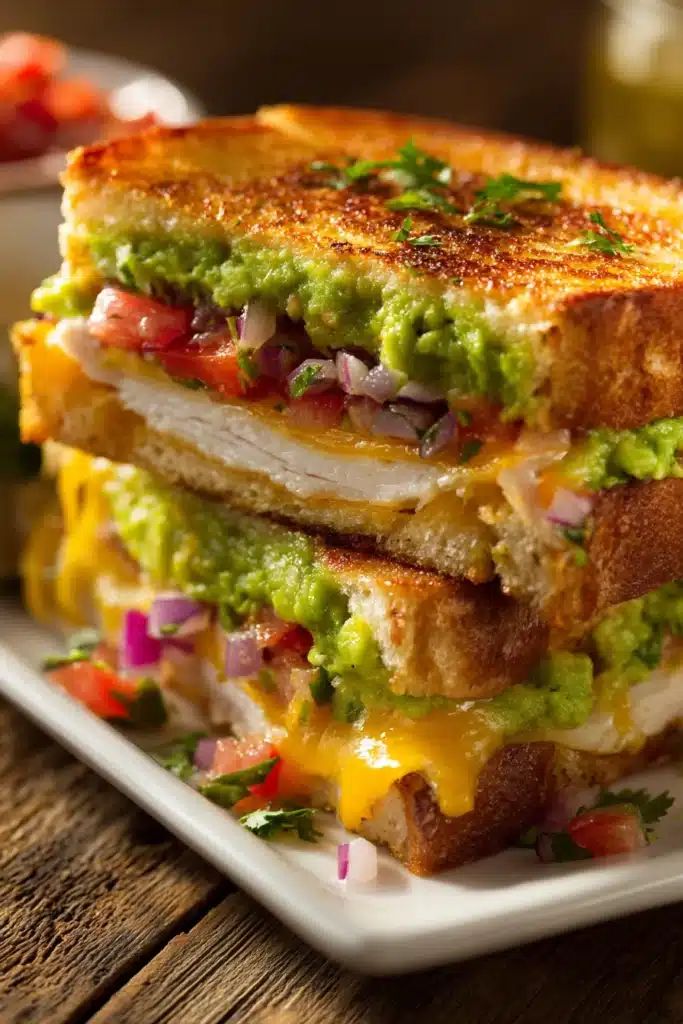 Close-up of a turkey guacamole grilled cheese sandwich with golden toasted sourdough, fresh green guacamole, melted sharp cheddar cheese, and sliced turkey breast, served stacked diagonally on a white rectangular plate with rustic wooden background.
