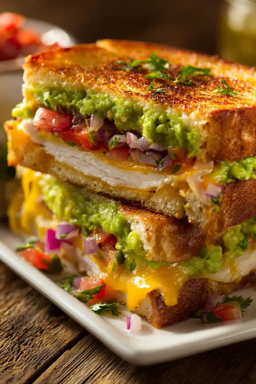 Close-up of a turkey guacamole grilled cheese sandwich with golden toasted sourdough, fresh green guacamole, melted sharp cheddar cheese, and sliced turkey breast, served stacked diagonally on a white rectangular plate with rustic wooden background.