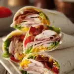 Close-up of Turkey Ranch Club Wraps cut diagonally in half, stacked on a white rectangular plate showing layers of sliced turkey, crisp bacon, lettuce, tomatoes, cheddar cheese, and ranch dressing inside soft flour tortillas