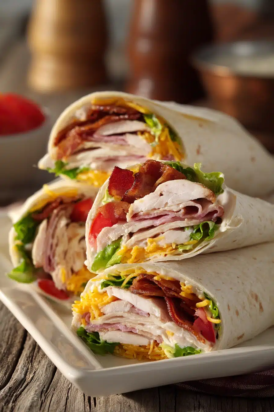 Close-up of Turkey Ranch Club Wraps cut diagonally in half, stacked on a white rectangular plate showing layers of sliced turkey, crisp bacon, lettuce, tomatoes, cheddar cheese, and ranch dressing inside soft flour tortillas