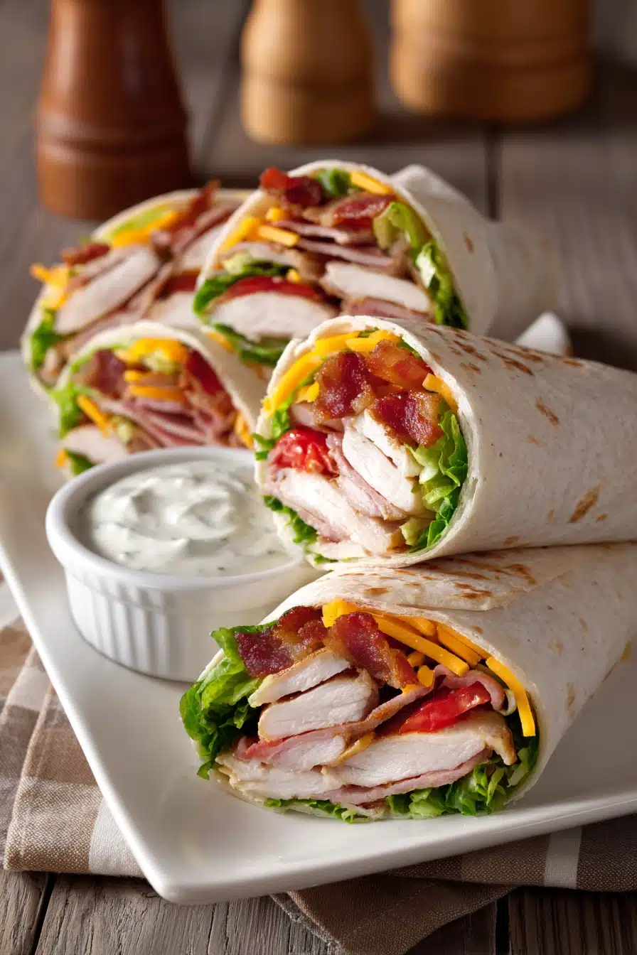 Close-up of turkey ranch club wraps cut diagonally on a white plate, showing layers of sliced turkey breast, crispy bacon, leafy romaine lettuce, sliced tomatoes, shredded cheddar cheese, and ranch dressing with warm natural light
