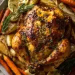 Whole herb roasted chicken with golden brown crispy skin and visible herb specks on a white platter surrounded by roasted carrots, parsnips, and onions with caramelized edges, styled on a rustic wooden surface with warm natural light.