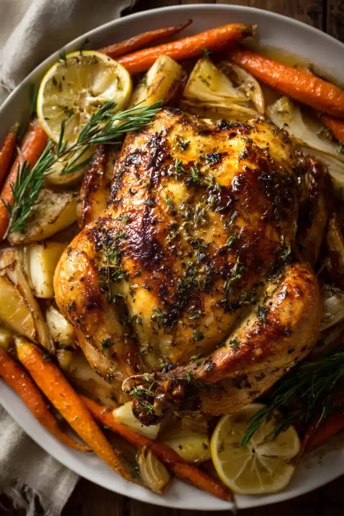 Whole herb roasted chicken with golden brown crispy skin and visible herb specks on a white platter surrounded by roasted carrots, parsnips, and onions with caramelized edges, styled on a rustic wooden surface with warm natural light.