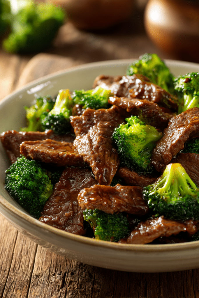 Close-up of a warm bowl of 30-minute beef and broccoli stir-fry with tender beef slices and bright green broccoli on a rustic wooden surface