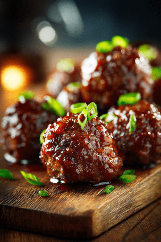 Close-up of juicy Mongolian beef meatballs with sticky sauce on rustic wooden board, warm natural lighting