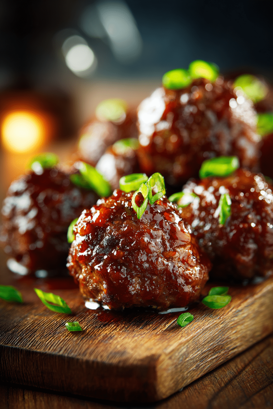 Close-up of juicy Mongolian beef meatballs with sticky sauce on rustic wooden board, warm natural lighting