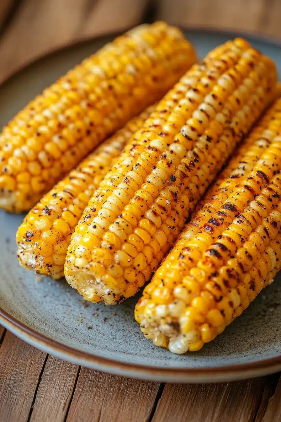 Close-up of air fryer corn on the cob with golden kernels and a clean background