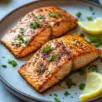 Close-up of air fryer salmon skinless with a golden crust and minimal background.