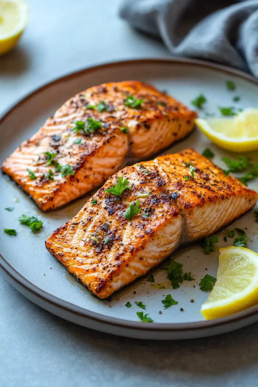 Close-up of air fryer salmon skinless with a golden crust and minimal background.