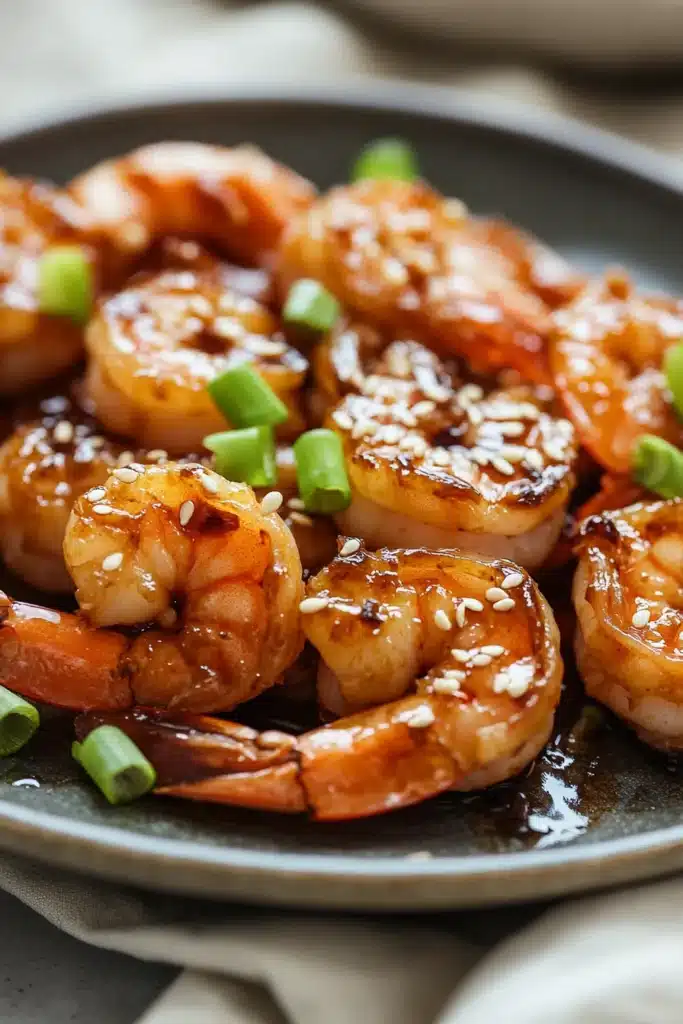 Close-up of air fryer shrimp teriyaki with a glossy sauce and sesame seeds on a clean white plate.