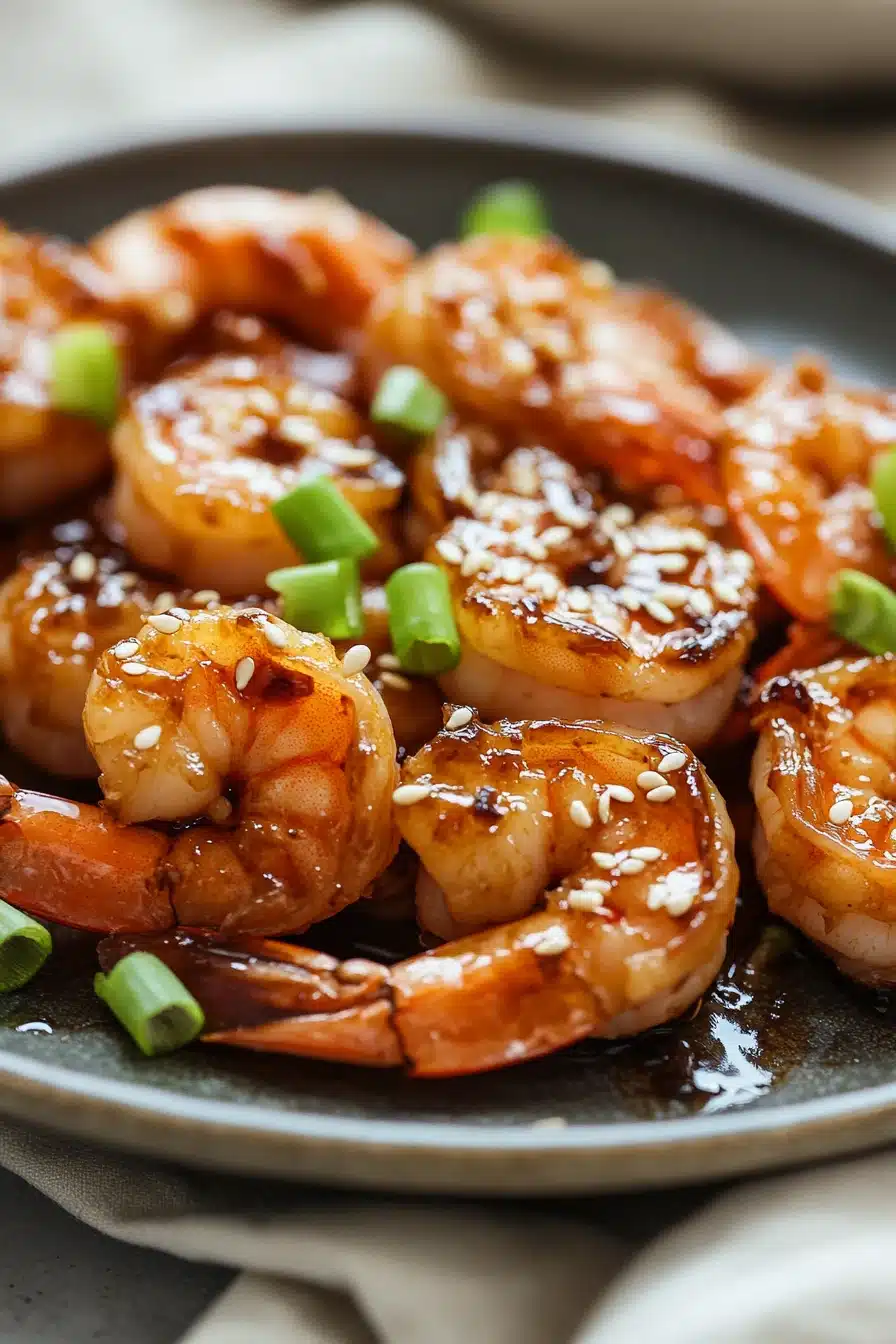 Close-up of air fryer shrimp teriyaki with a glossy sauce and sesame seeds on a clean white plate.