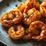 Close-up of golden-brown air fryer shrimp with a clean background