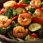 Close-up of air fryer shrimp with colorful vegetables on a clean white plate.