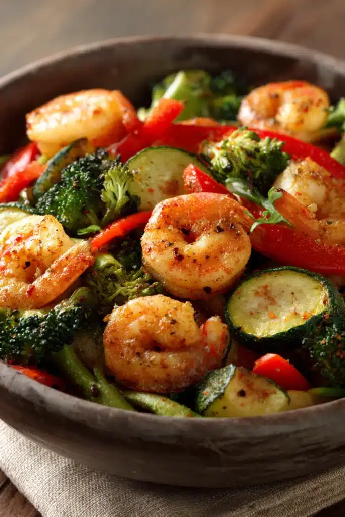 Close-up of air fryer shrimp with colorful vegetables on a clean white plate.