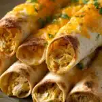 Close-up of baked chicken taquitos with golden crispy shells on a white plate.