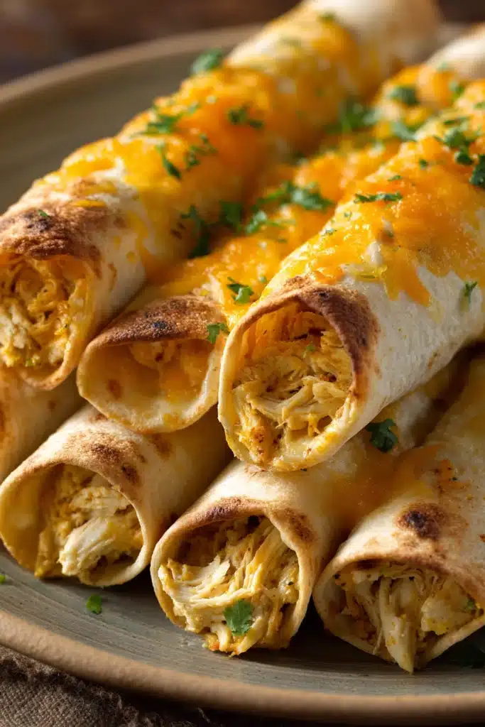 Close-up of baked chicken taquitos with golden crispy shells on a white plate.