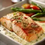Close-up of baked creamy salmon with a golden crust and herbs on a white plate.