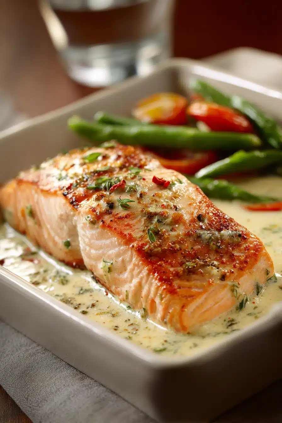 Close-up of baked creamy salmon with a golden crust and herbs on a white plate.