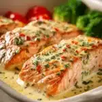 Close-up of baked creamy salmon with a golden crust and herbs on a white plate