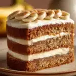 Close-up of a banana cake layered with creamy frosting, showcasing its texture and layers.