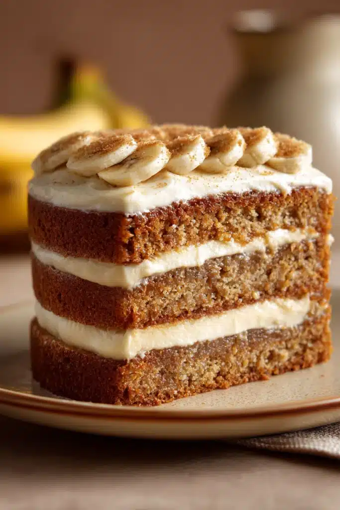 Close-up of a banana cake layered with creamy frosting, showcasing its texture and layers.