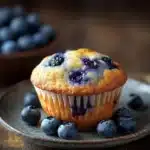 Close-up of a blueberry muffin with frozen blueberries on a clean background.