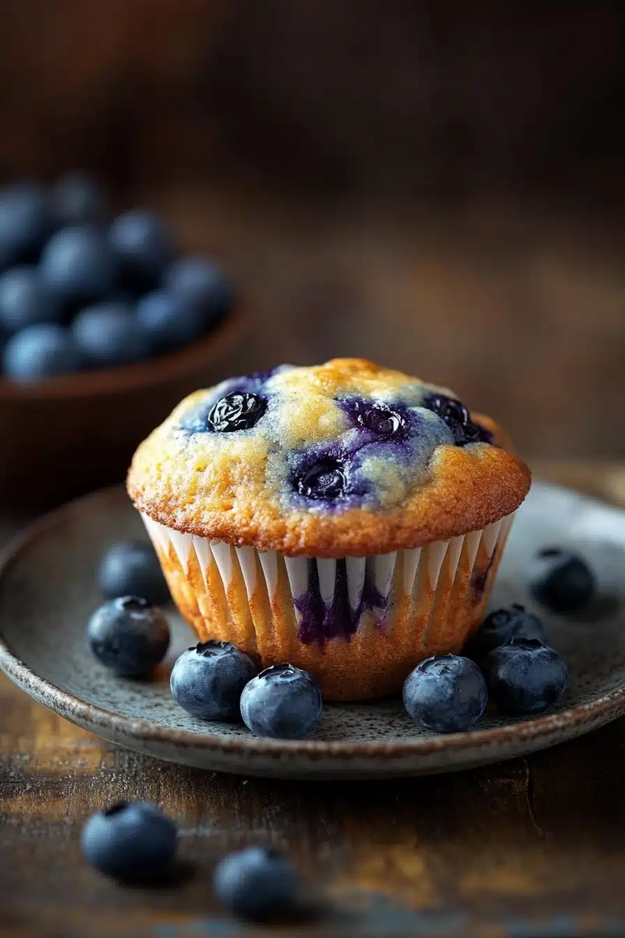 Close-up of a blueberry muffin with frozen blueberries on a clean background.