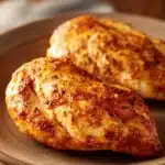 Close-up of boneless chicken breast with creamy sauce in air fryer